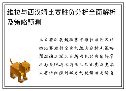 维拉与西汉姆比赛胜负分析全面解析及策略预测